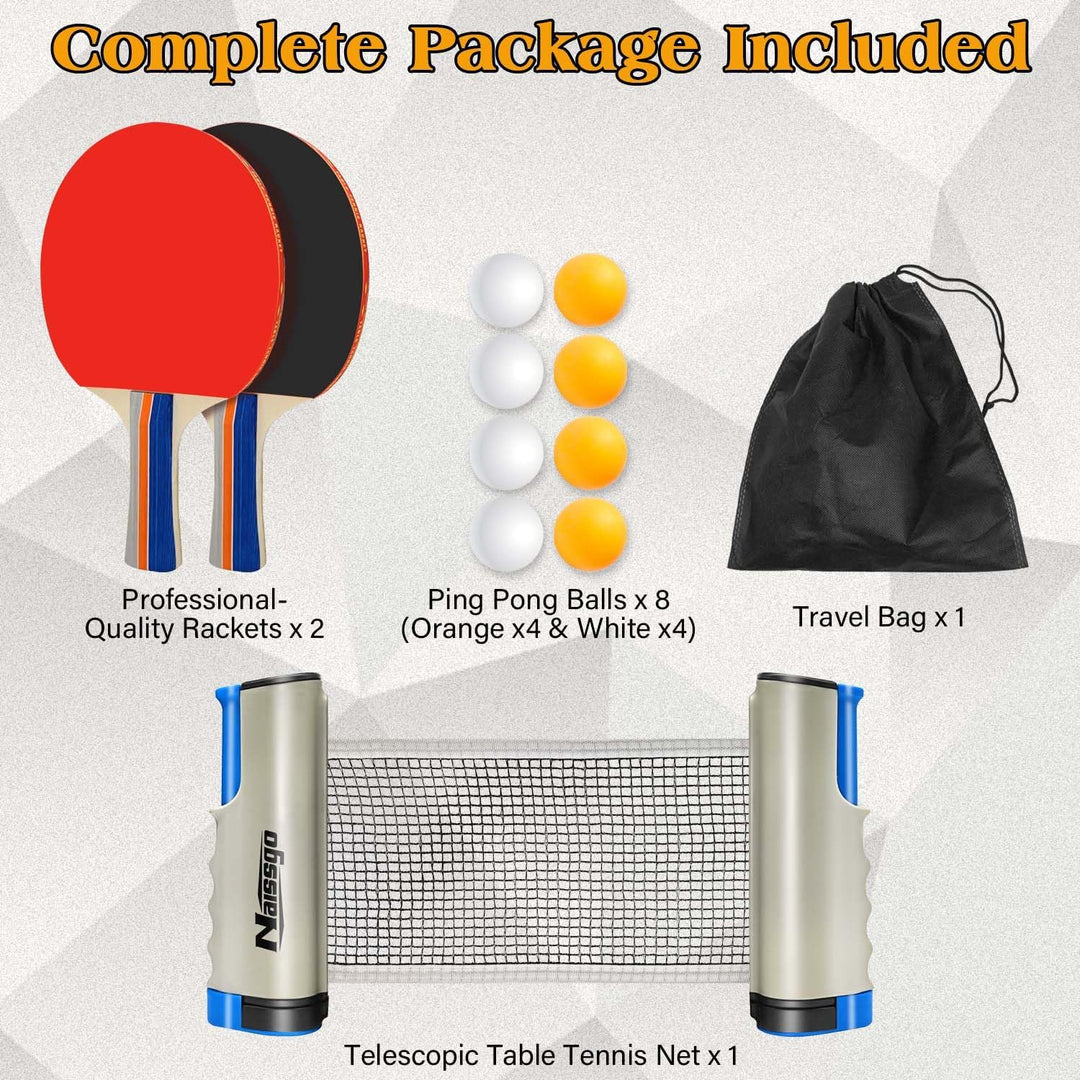 Tischtennis-Set,Tischtennisschläger Profi, 2 Tischtennisschläger, 1 Einziehbarem Netz,8Tischtennis-B