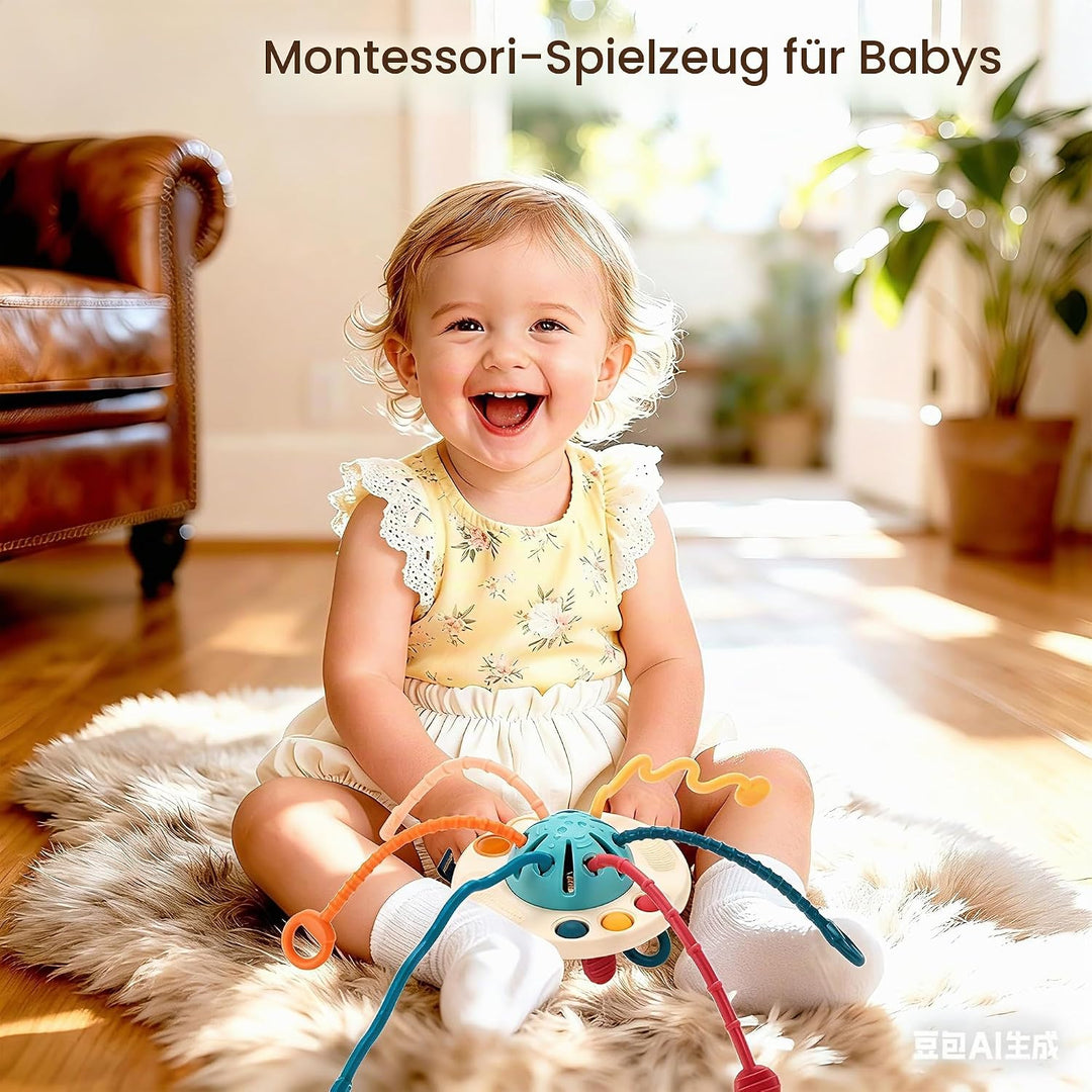 Montessori Baby Spielzeug ab 12 Monaten, 5-in-1 Sensorik Set mit Ziehspielzeug, Stapelringen &amp; Rasse