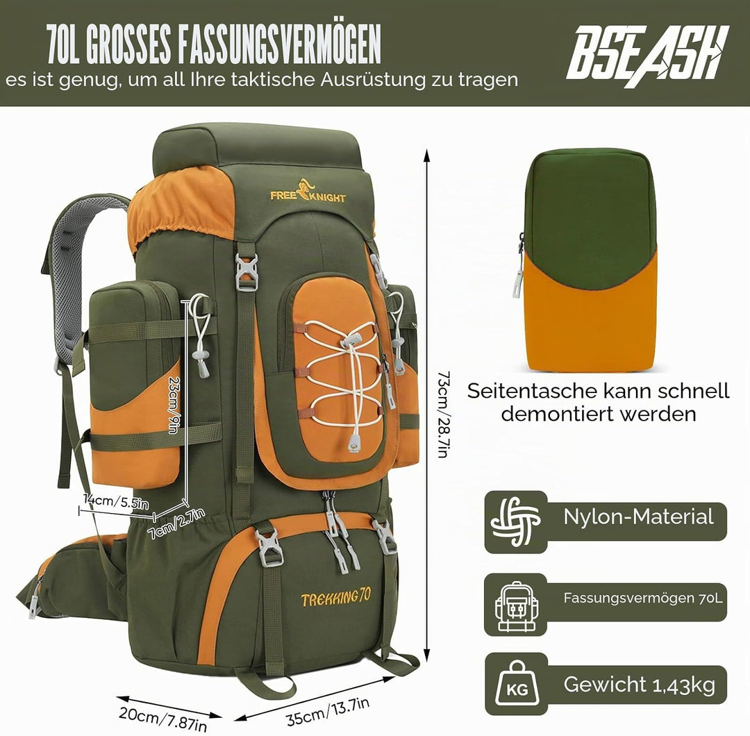Bseash 70L (65+5) Wasserdichter Wanderrucksack mit Regenschutz, Outdoor-Sport, Reisen, Tagesrucksack