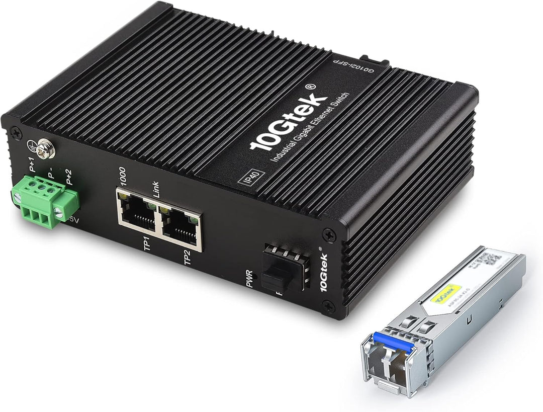 10Gtek 3-Port Industrial DIN-Rail Ethernet Switch Hutschiene, IP40, 1x Gigabit SFP Slot mit 20-km SF