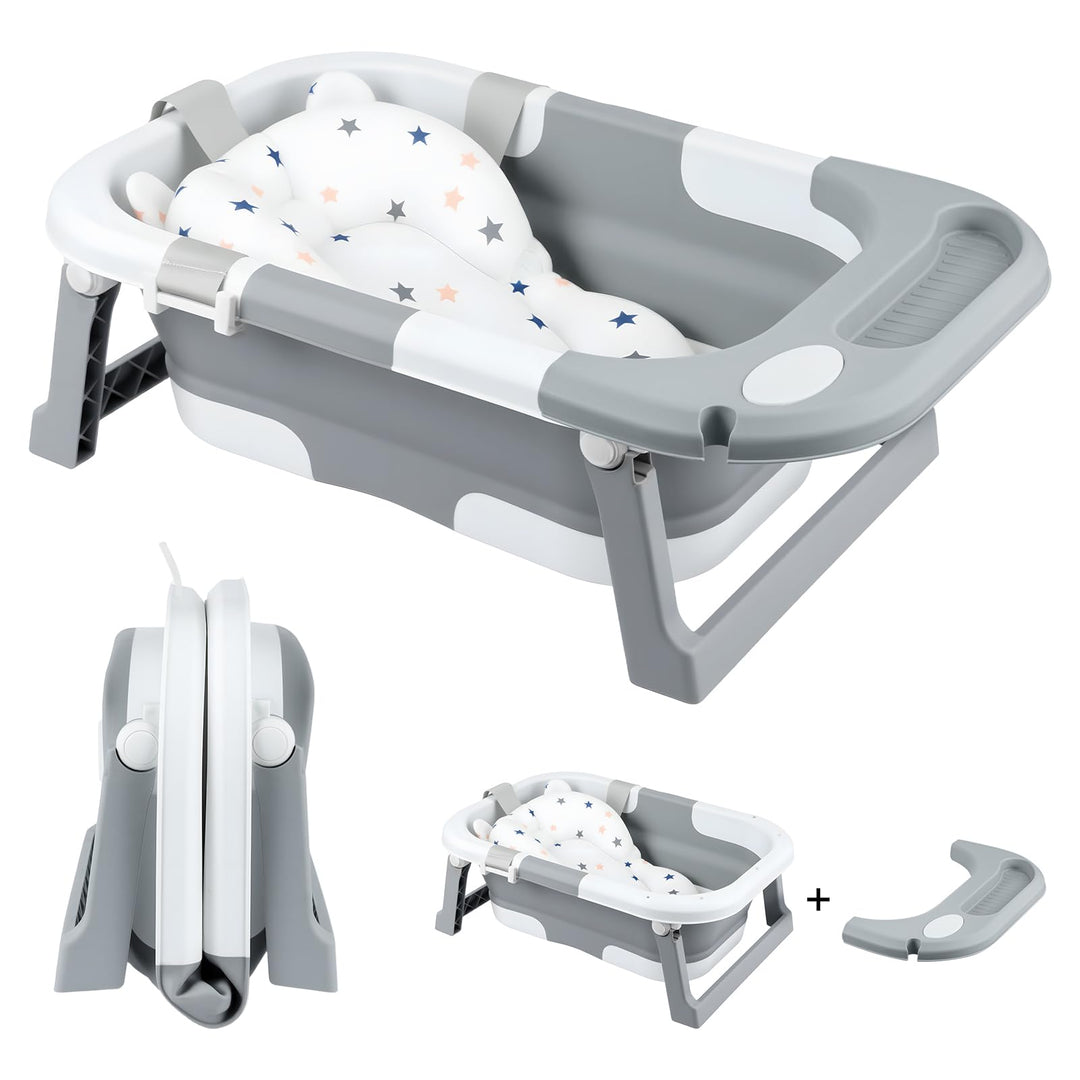 Faltbare Babybadewanne mit Sitz – tragbare Babywanne mit Wärmesensor-Ablauf, rutschfest & platzspare