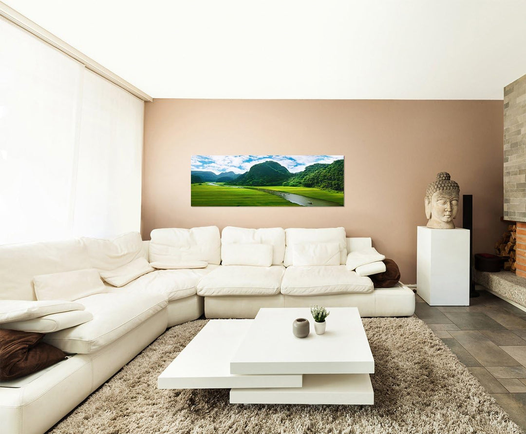 Paul Sinus Art Panoramabild auf Leinwand und Keilrahmen 150x50cm Vietnam Reisfeld Berge Fluss Boote