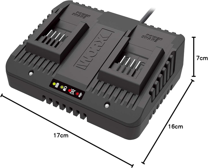 WORX WA3772 Dual-Ladegerät - gleichzeitige Aufladen von 2x WORX 20V 2,0 Ah Akkus- 2A Ladestrom - 2 L