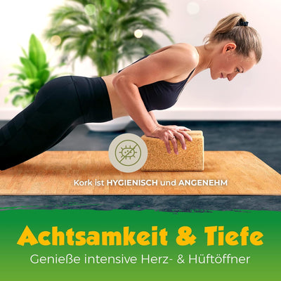 Yoga-Block Kork einzeln oder Set [1er oder 2er-Set] - 100% Naturkork | Hatha Kork Klotz Yoga, ökolog