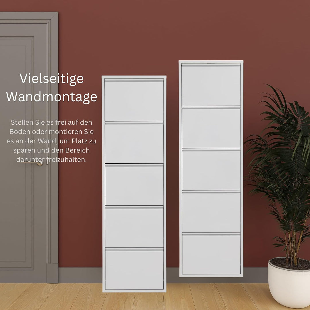 furni24 Schuhschrank, 5 Klappen, Metall, 10–14 Paar, wandmontierbar, vormontiert – Weiss 5 Klappen W