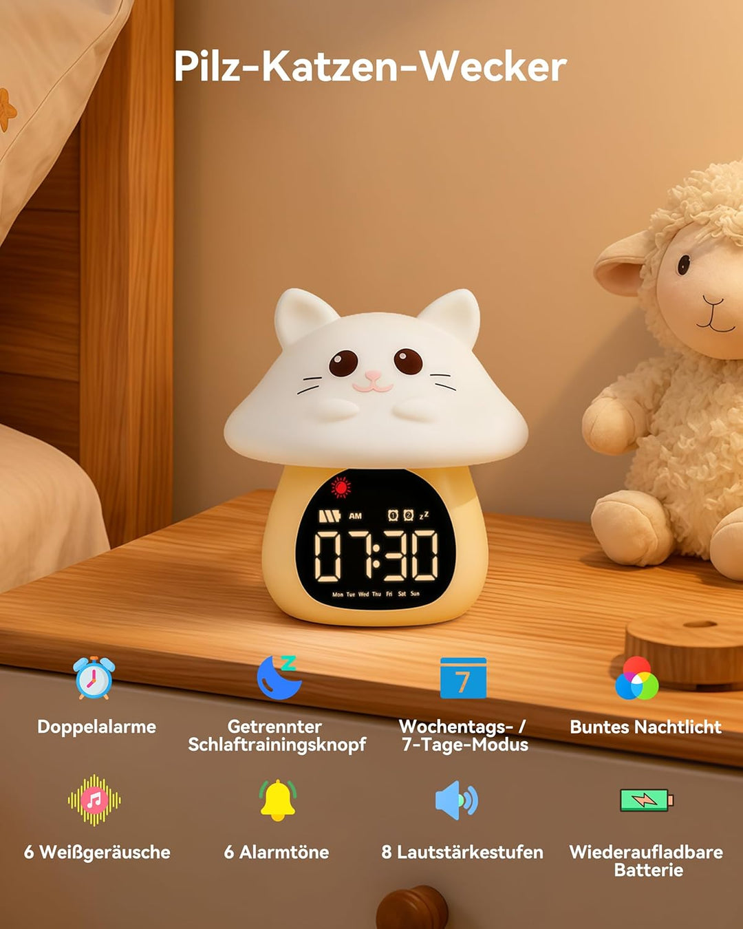 Yiliaw Kinder Schlaflern-Wecker mit Nachtlicht, Ok to Wake Uhr, Doppelalarm, RGB Farben, 6 Wecktöne