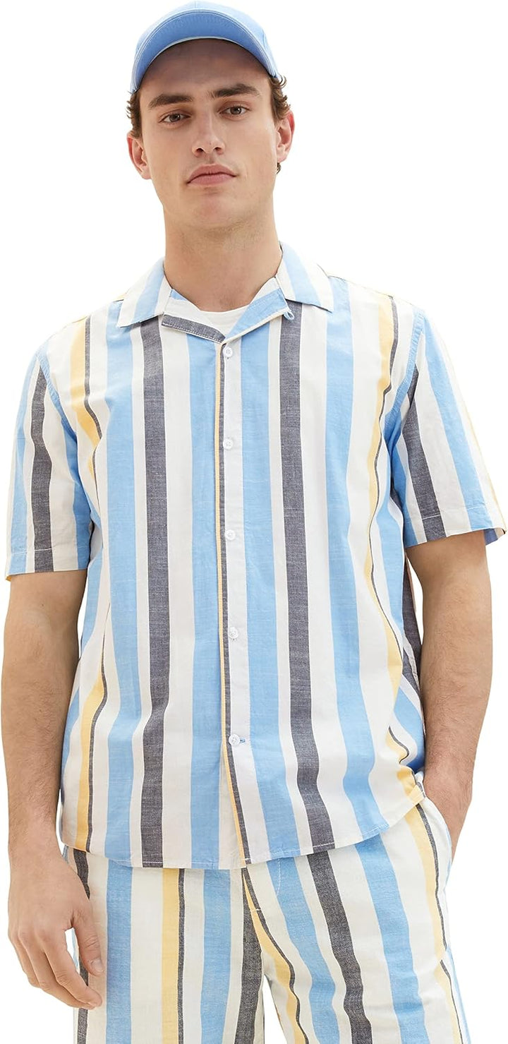 TOM TAILOR Herren Comfort Fit Kurzarm-Hemd mit Streifen L 31778 - Blue Multicolor Big Stripe, L 3177