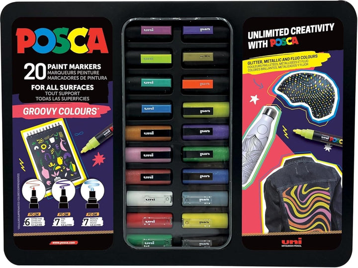 POSCA 186831 Marker Set, 20 Acrylstifte im Etui, Marker Set Groovy Colours, Spitze PWE5M 1,8-2,5 mm