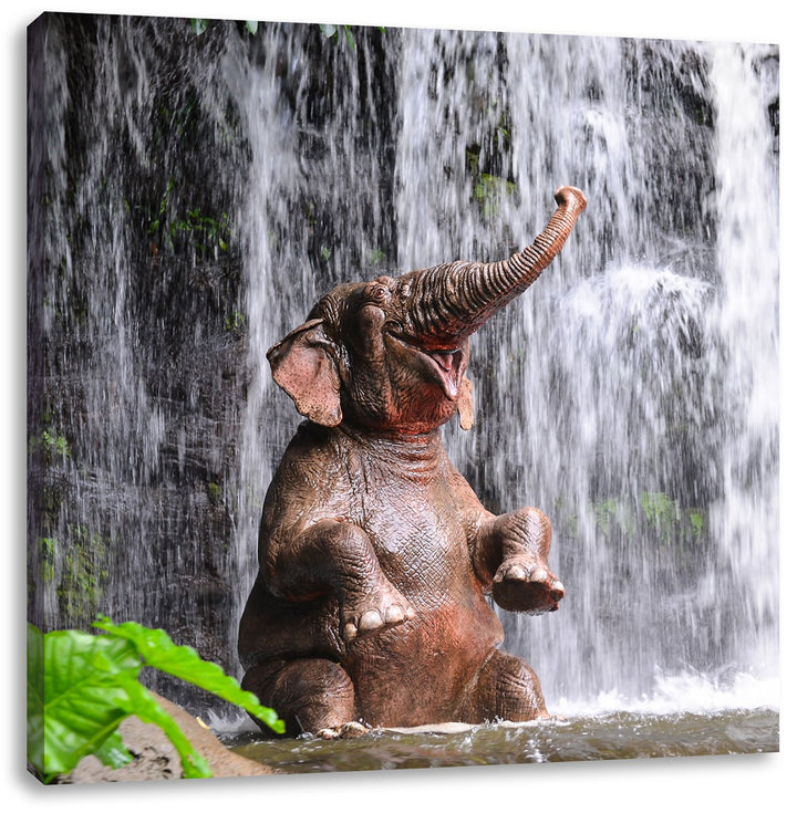 Babyelefant am Wasserfall, Format: 70x70 auf Leinwand, XXL riesige Bilder fertig gerahmt mit Keilrah