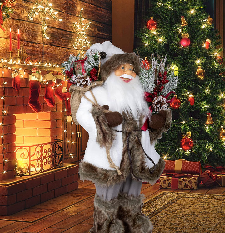 Christmas Paradise Stehender Weihnachtsmann Klaus 60cm Weiss-Braun Deko-Figur Santa Nikolaus, 60cm