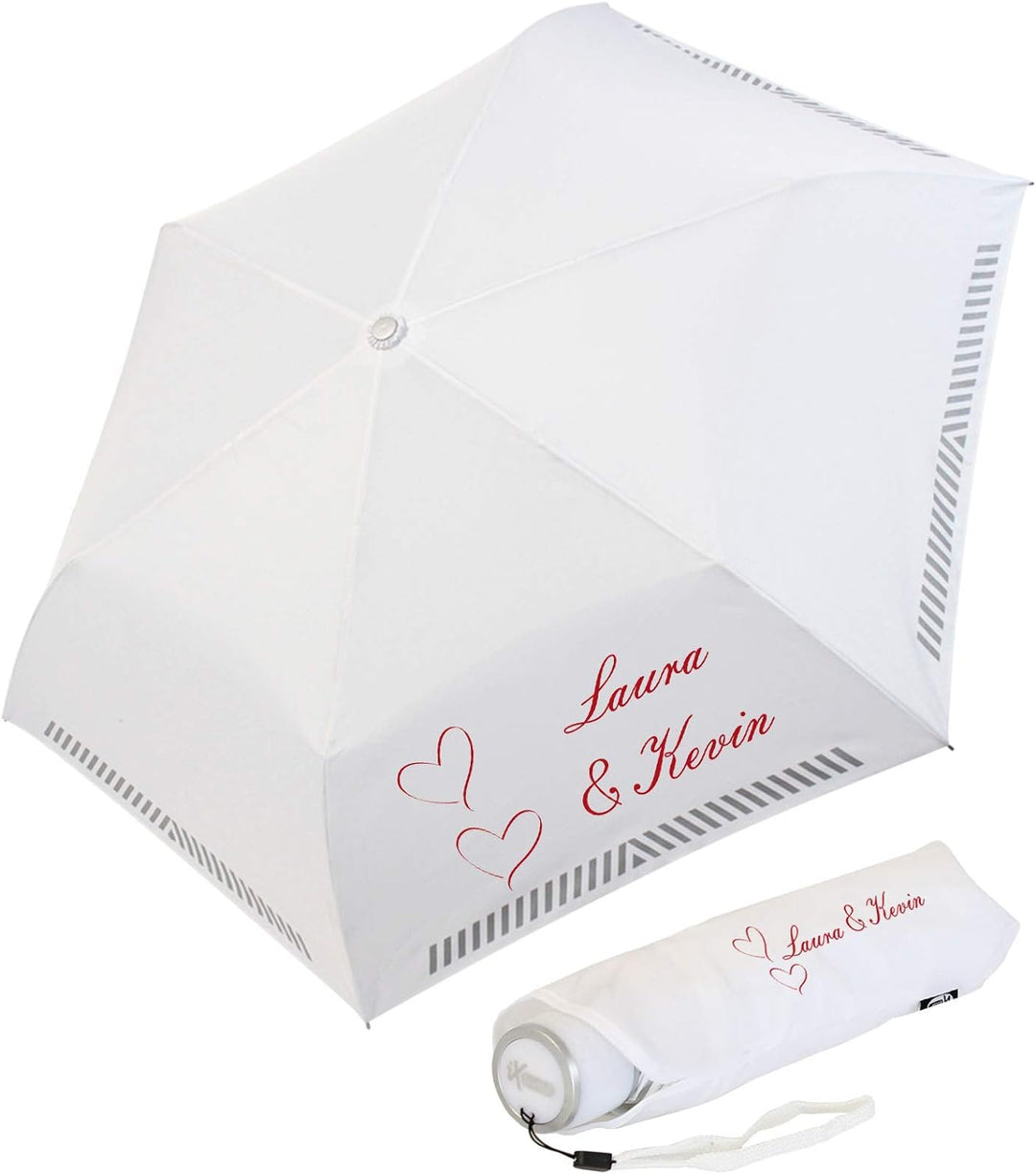iX-brella Mini Hochzeits-Taschenschirm mit reflektierender Borte Namen und Herzen personalisiert Zwe