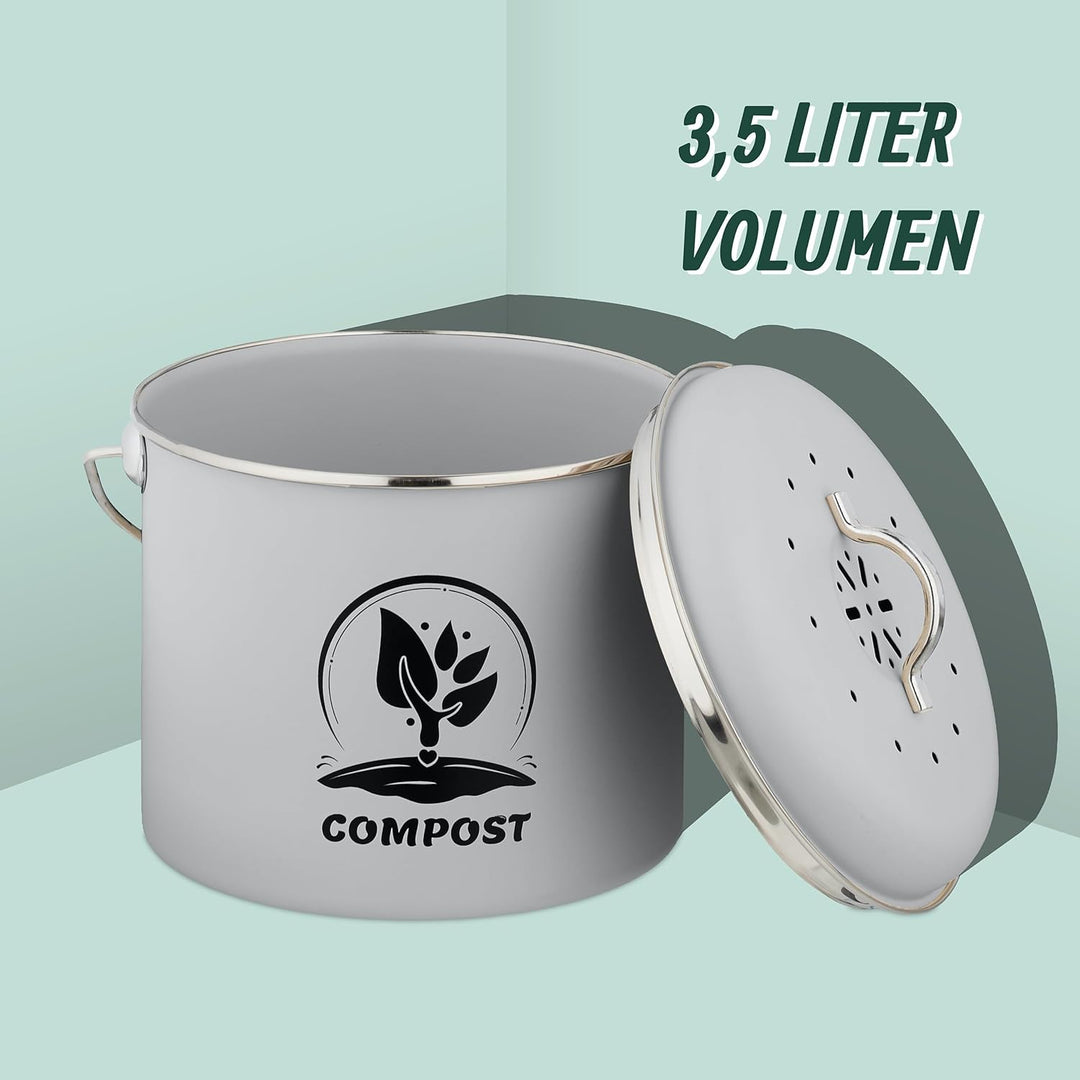Relaxdays Komposteimer Küche, 3,5 Liter, 2 Aktivkohlefilter, mit Deckel, Henkel, Eisen, runder Biomü