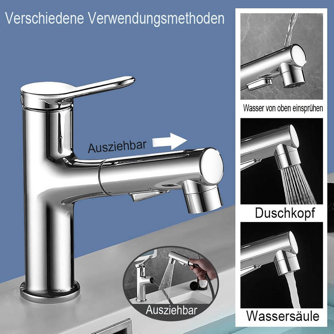 Wasserhahn Bad Ausziehbar, Ausziehbare Waschtischbatterie mit 2 Sprühmodi heiss und kalt Zweifach-Re