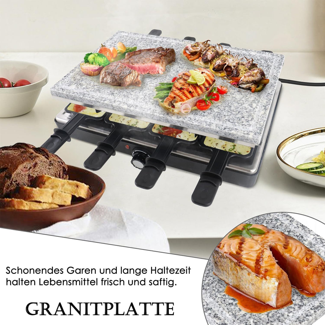 FIVMEN Raclette 8 Personen Raclette Grill 1400W mit 8 Pfännchen, 2 Granitplatte & Antihaftplatte Ele