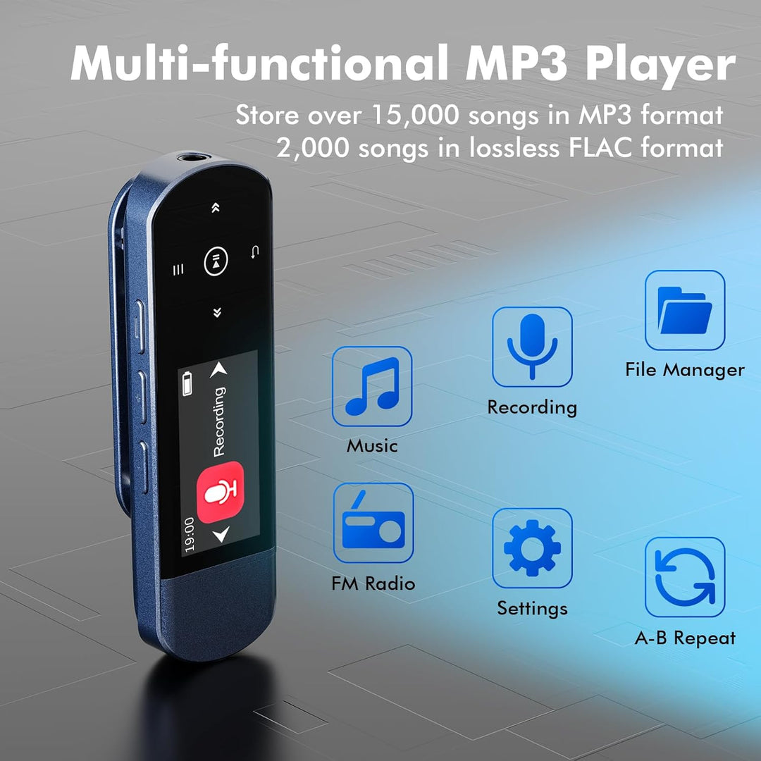64GB Tragbarer USB MP3 Player mit Bluetooth 5.3, Clip für Sport & Laufen, FM Radio, Voice Recorder,