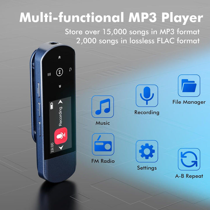 64GB Tragbarer USB MP3 Player mit Bluetooth 5.3, Clip für Sport & Laufen, FM Radio, Voice Recorder,