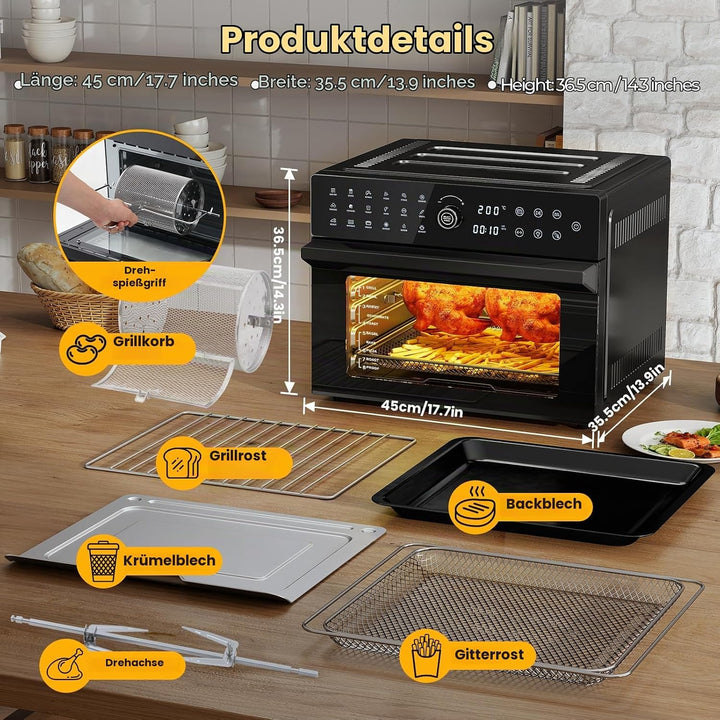 Heissluftfritteuse XXL 30L – Heissluftofen mit Umluft, 18 Programme, 9 Zubehörteile, LED-Touchscreen