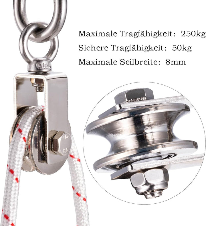 40mm Umlenkrolle mit 2 Kugellager, Edelstahl Fitness flaschenzug，Umlenkrollen für 8mm Seile Stahlsei