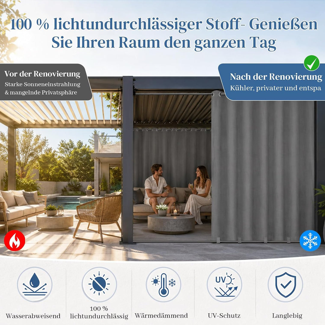 Rosnek Outdoor Vorhang Wetterfest Extra Breit B254 x H214 cm, 100% Blickdicht Winddicht mit Ösen Obe