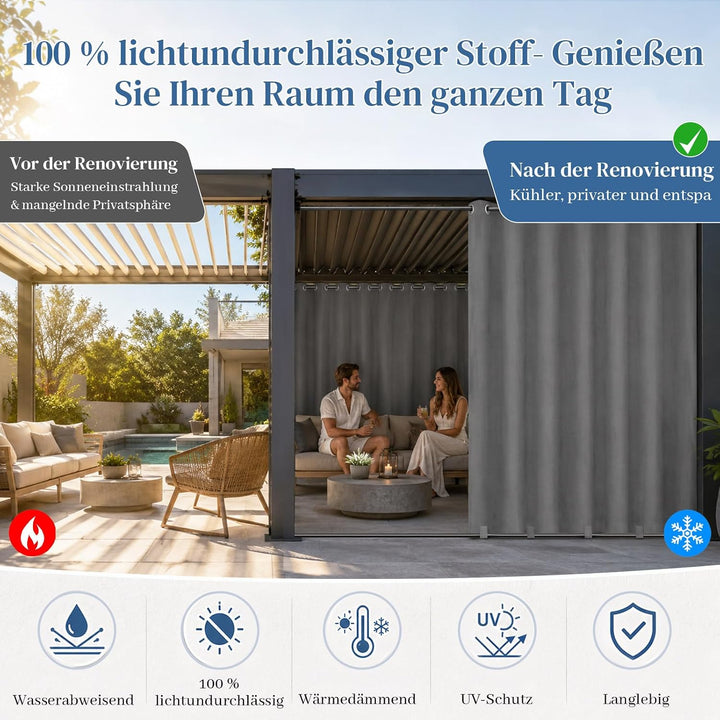 Rosnek Outdoor Vorhang Wetterfest Extra Breit B254 x H214 cm, 100% Blickdicht Winddicht mit Ösen Obe