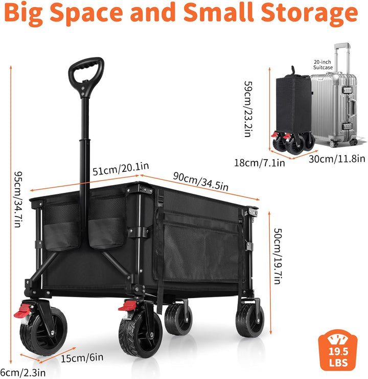 BELEEV Bollerwagen Faltbar mit Bremsen, Handwagen Faltbarer Gross XXL All Terrain Räder, Seitentasch