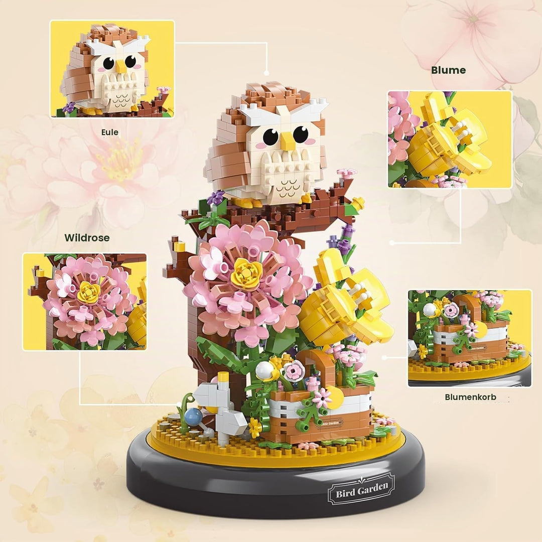 Eule Blumenstrauss Bausteine Bausatz, kreativer DIY Tiere Blumen Bauset Blumen Pflanzen Blumenstraus
