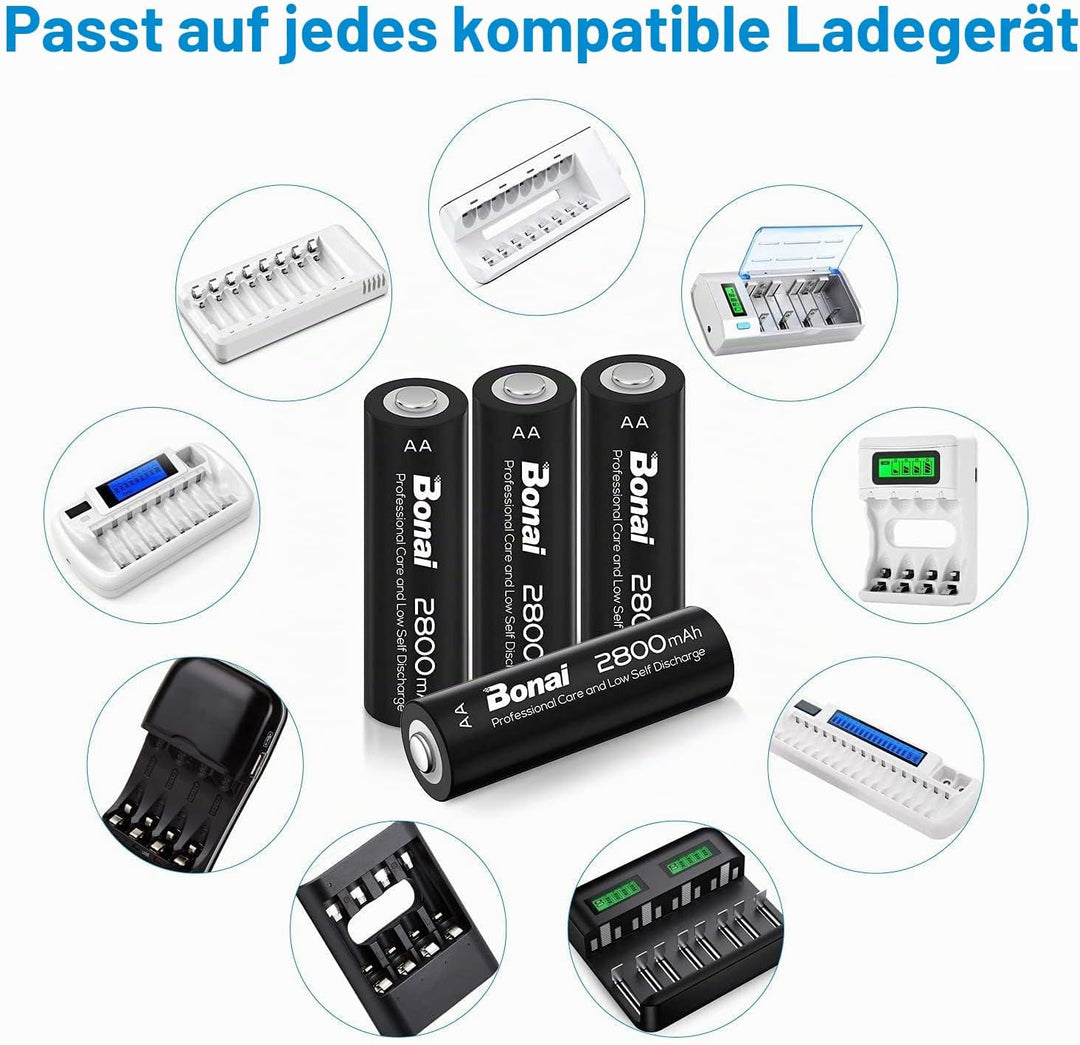 BONAI Akku AA 2800mAh 16 Stück Wiederaufladbare Batterien hohe Kapazität 1,2V Mignon AA Accu NI-MH A