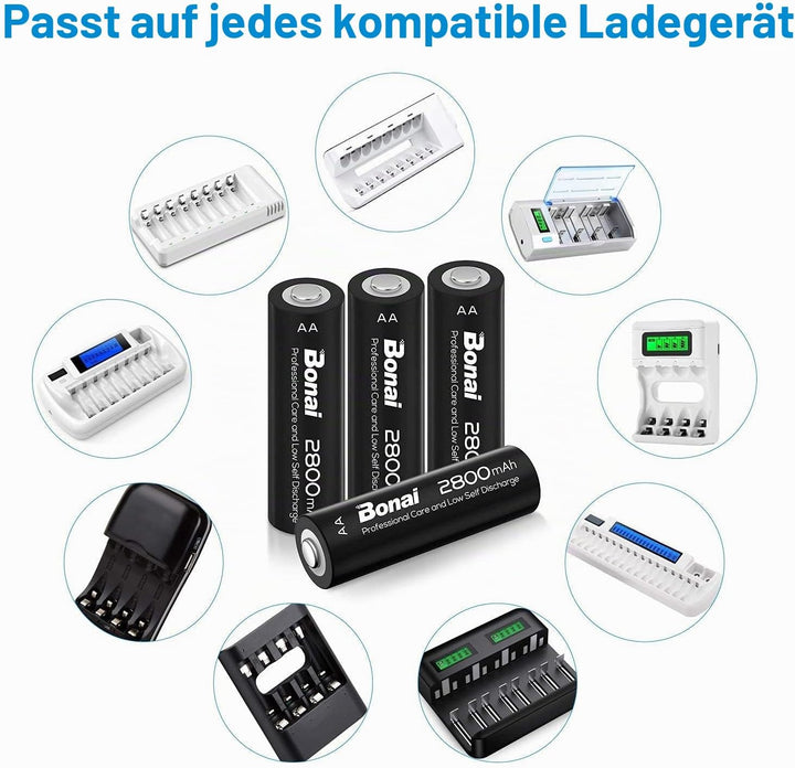 BONAI Akku AA 2800mAh 16 Stück Wiederaufladbare Batterien hohe Kapazität 1,2V Mignon AA Accu NI-MH A