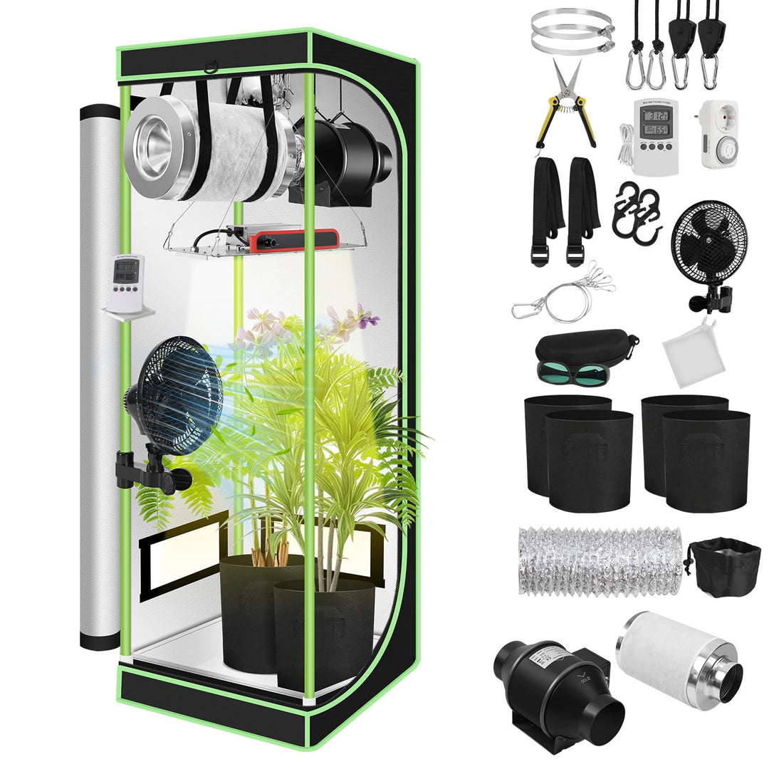 𝐉𝐚𝐱𝐠𝐮𝐨𝐦 Growzelt Komplettset 60x60x140cm mit 100W LED Grow Lampe, Belüftungssystem mit Aktivkohlefil