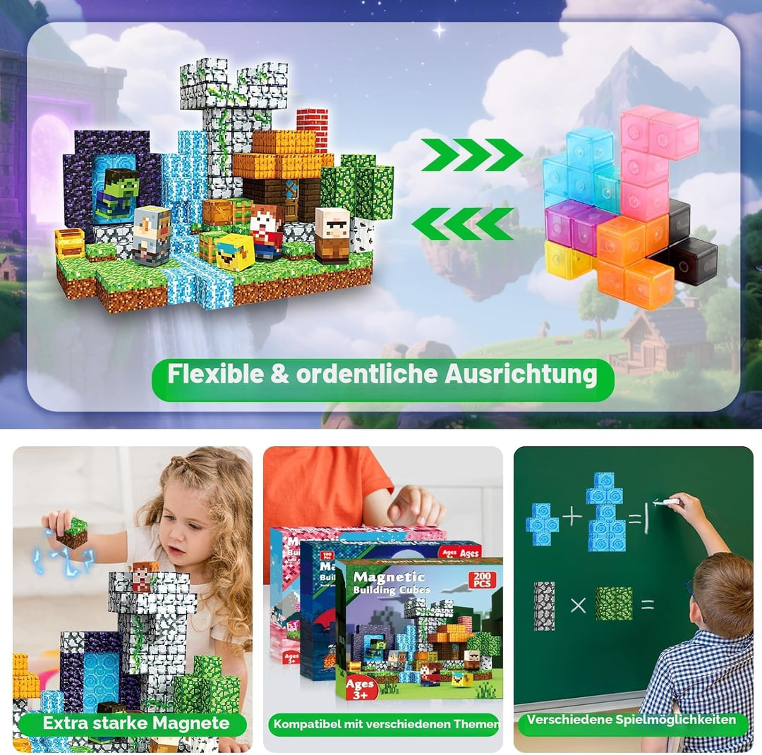 Magnetische Bausteine 200 Stück Set - Magnetbausteine mit Waldabenteuer-Thema - Magnetwürfel für Kin