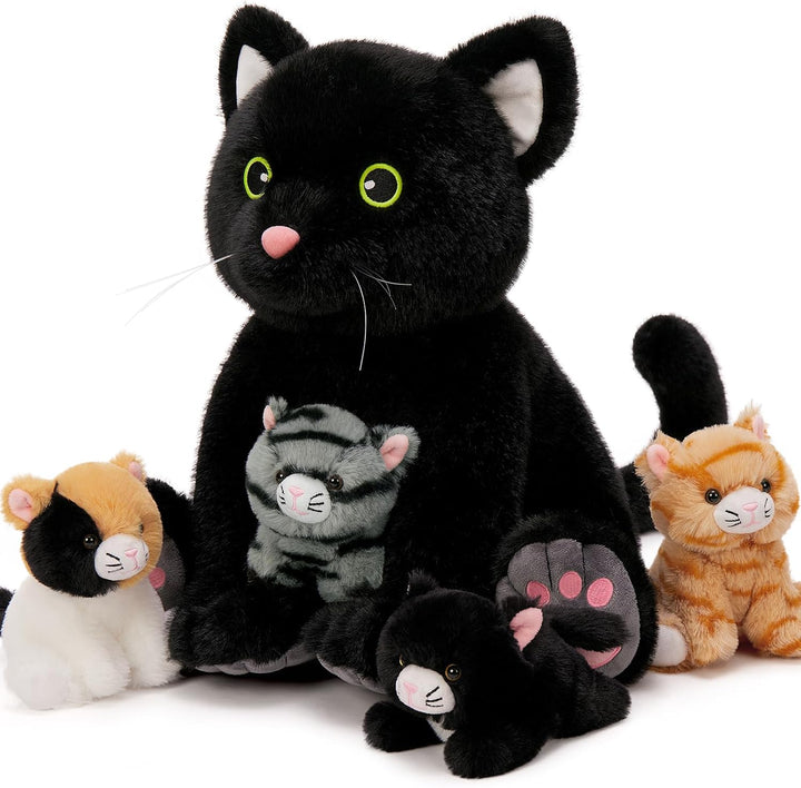MorisMos 5 stücke Plüsch Katzen, 40cm hoch riesen schwarz Katze Kuscheltier XXL mit Kätzchen Baby im