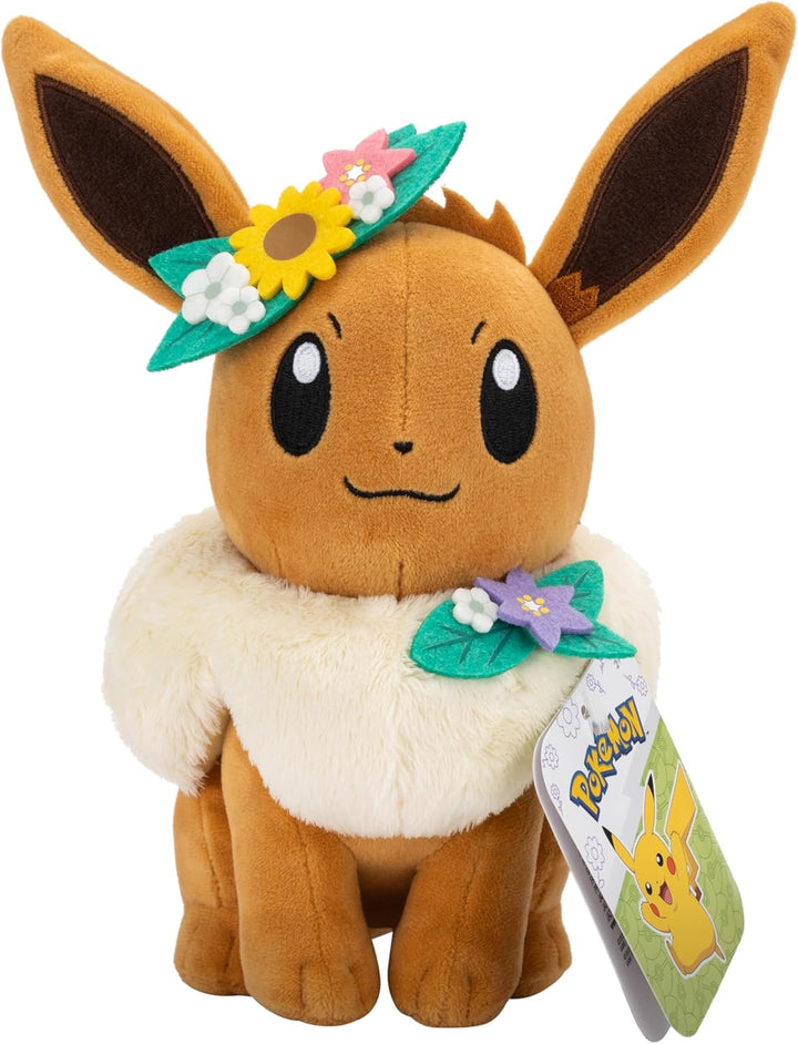 Pokémon PKW3667-20cm Plüsch - Evoli mit Blumenkrone, offizielles Plüsch