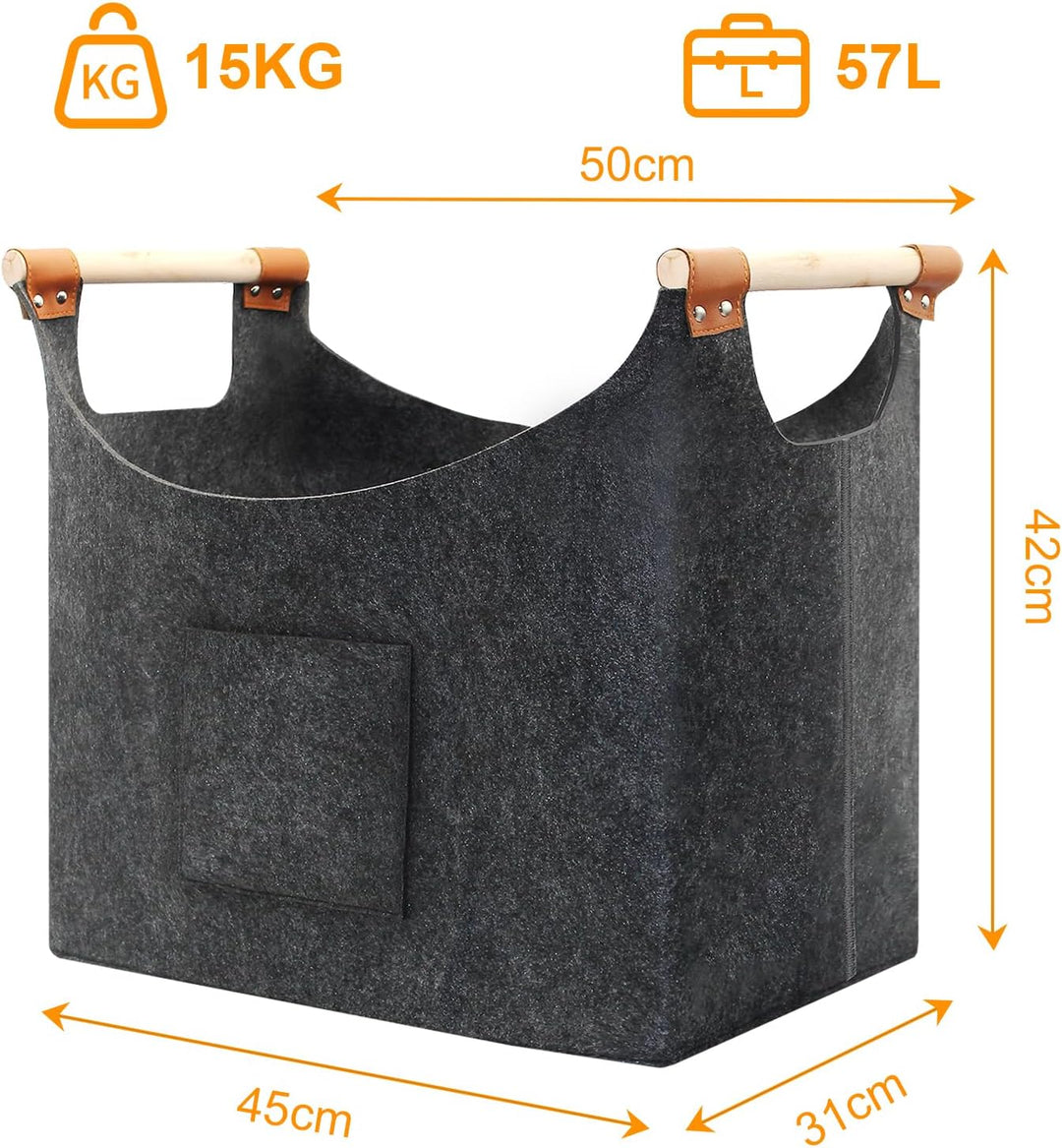 Holzkorb für Kaminholz, Felt Basket, Extra Thick Felt and Reinforced Handle, Filz Holzkorb für Kamin