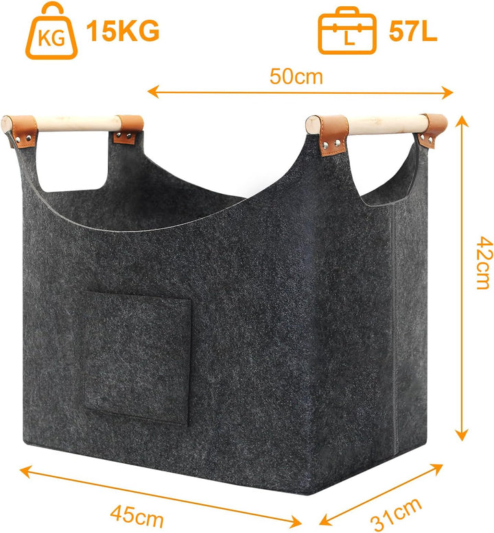 Holzkorb für Kaminholz, Felt Basket, Extra Thick Felt and Reinforced Handle, Filz Holzkorb für Kamin