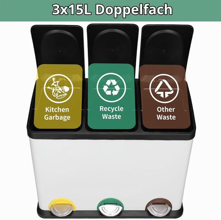 LIFERUN Mülleimer 3 Fächer, 3X 15L Mülltrennsystem, 45 Liter Abfalleimer Küche, Gross Edelstahl Tret