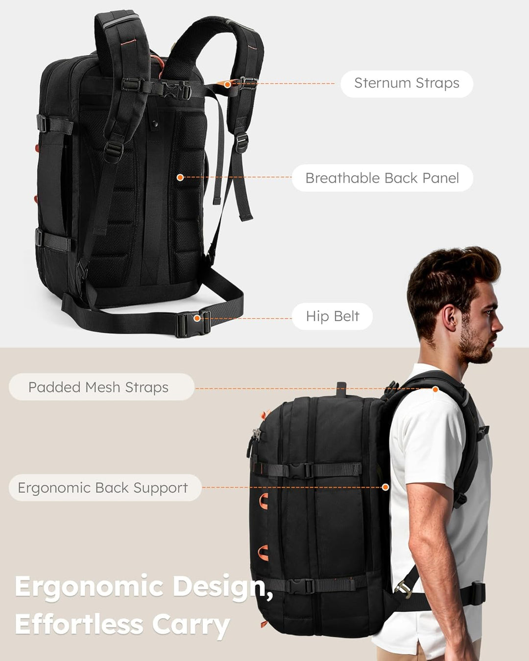 Tolaccea Handgepäck Rucksack, TSA-Freundlich Reiserucksack, Laptop Rucksack für 17.3 Zoll, Erweiterb