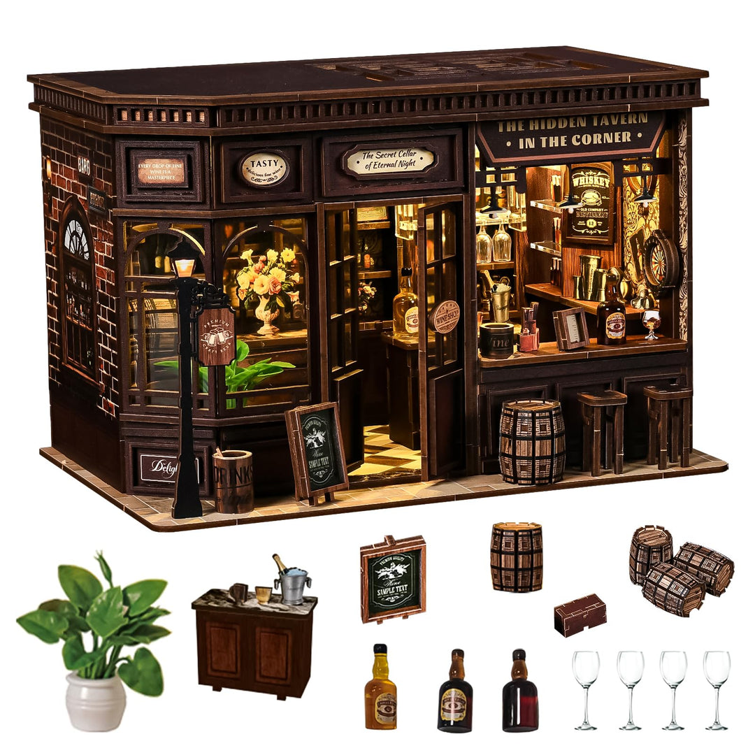 Spilay Miniatur Haus, Corner Tavern DIY Miniature House mit LED-Licht, 3D Holz Puppenhaus Bastelset