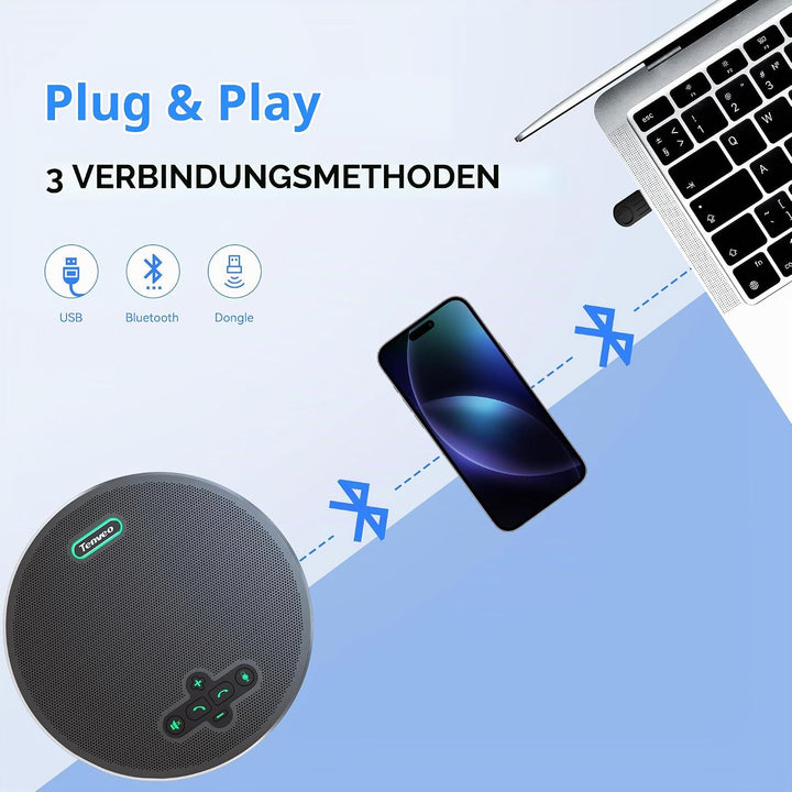 Tenveo M5B-W MagiCallpro Konferenzlautsprecher mit 8 AI-Mikrofonen, 360°-Raumerfassung, 18h Akku. Ko