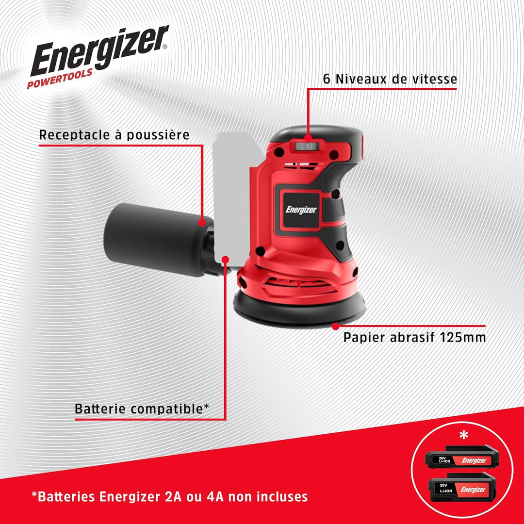 Energizer 20 V Akku-Exzenterschleifer – 10.000 U/min, 6 Geschwindigkeiten, 125 mm Pad, Auffangbeutel