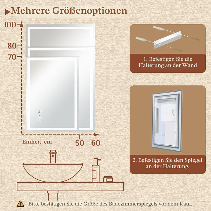 Clevich Badspiegel mit Beleuchtung und Uhr 100×60 cm, LED Spiegel mit 3 Lichtfarben dimmbar, gehärte