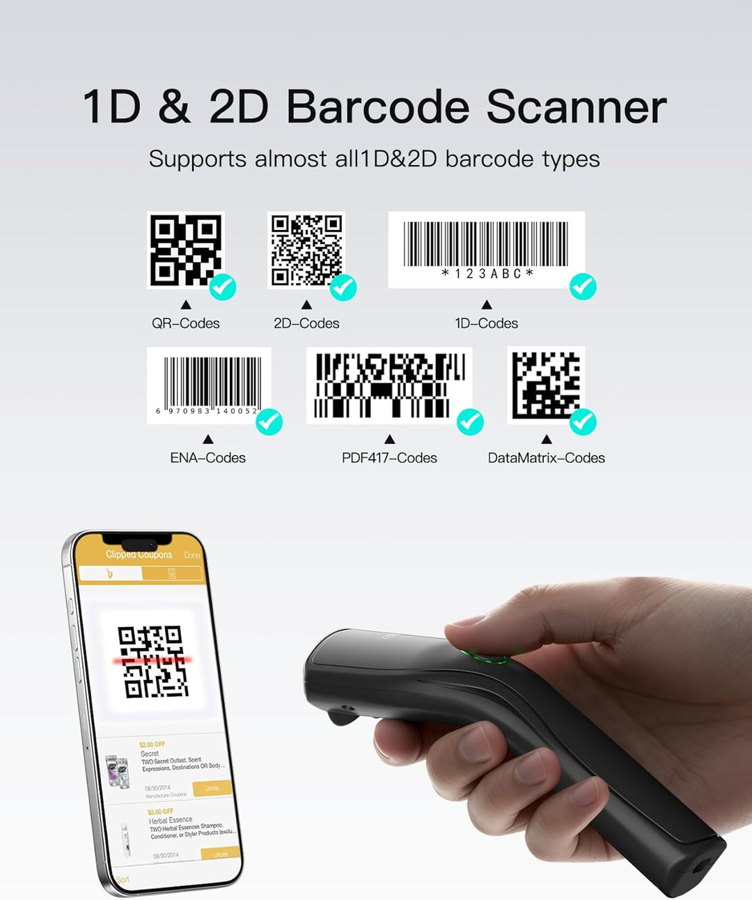 Inateck Leicht Barcode Scanner 2D Bluetooth, mit USB und 2.4G Kabellos | QR Code Scanner mit Abnehmb