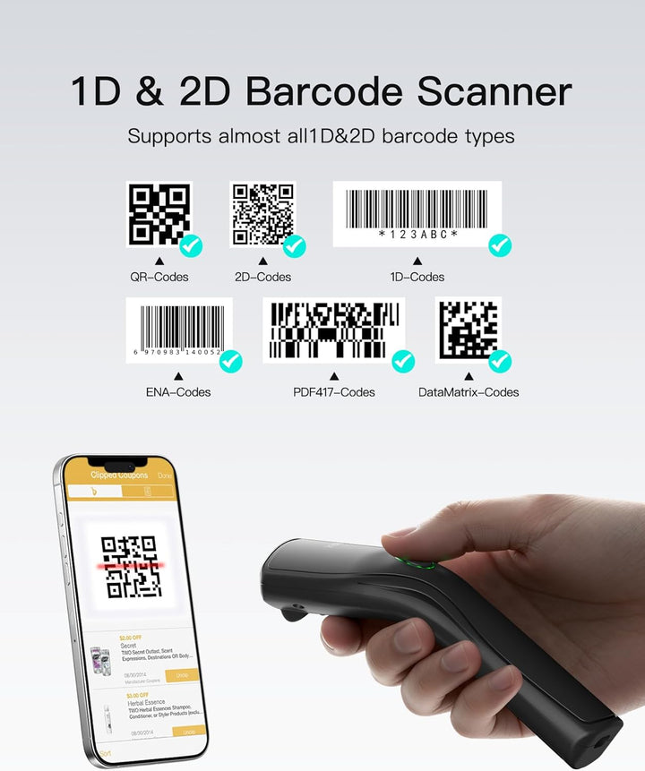 Inateck Leicht Barcode Scanner 2D Bluetooth, mit USB und 2.4G Kabellos | QR Code Scanner mit Abnehmb