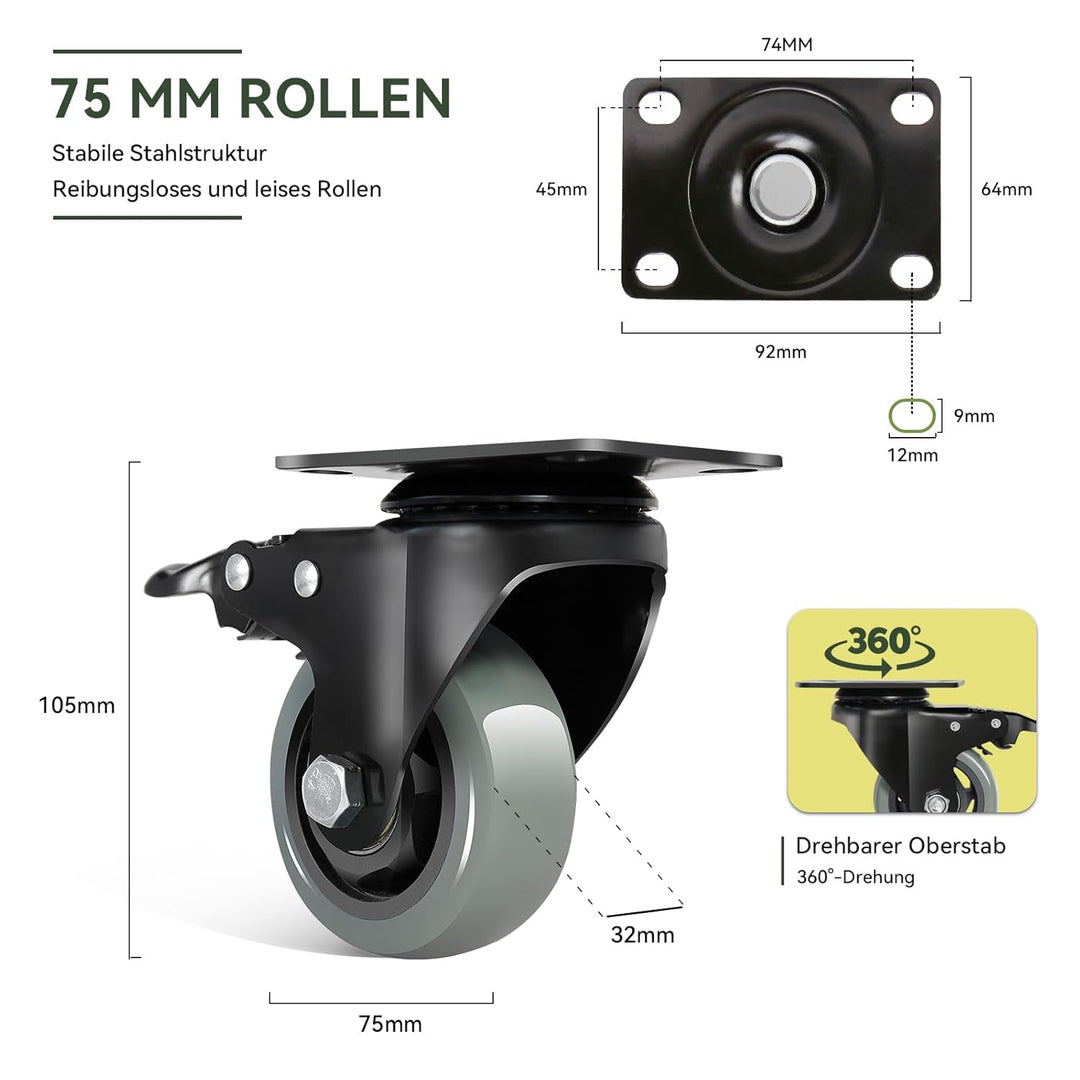 BAOLIHUI 75mm Graue Schwerlastrollen mit Bremse - Möbelrollent bis zu 500KG, 360° Beweglichkeit - 4e