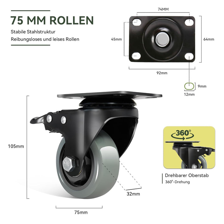 BAOLIHUI 75mm Graue Schwerlastrollen mit Bremse - Möbelrollent bis zu 500KG, 360° Beweglichkeit - 4e