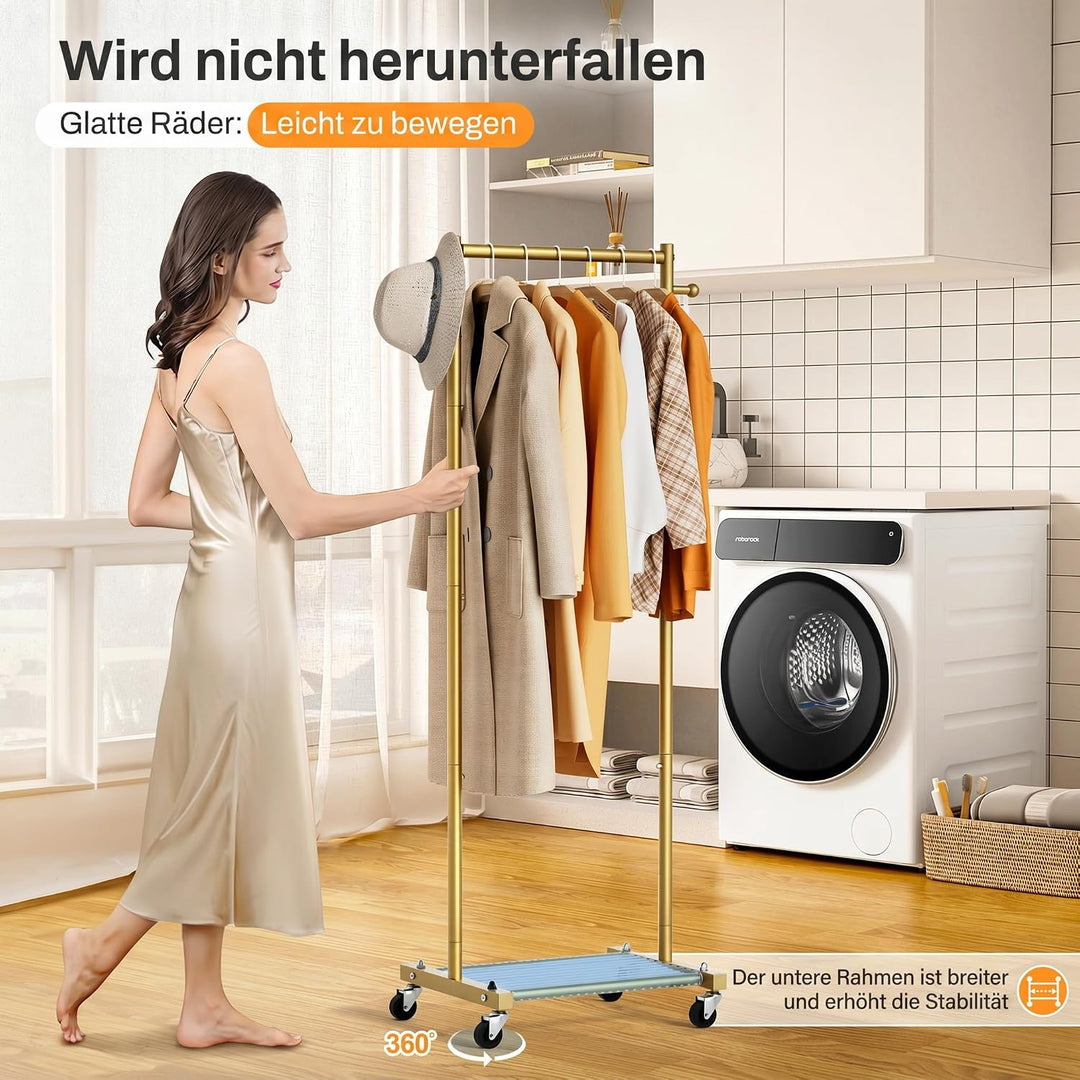 MISSLO Kleine Kleiderstange auf Rollen, Mobiler Schmal Kleiderständer mit Ablagen 152 cm Metall Gard