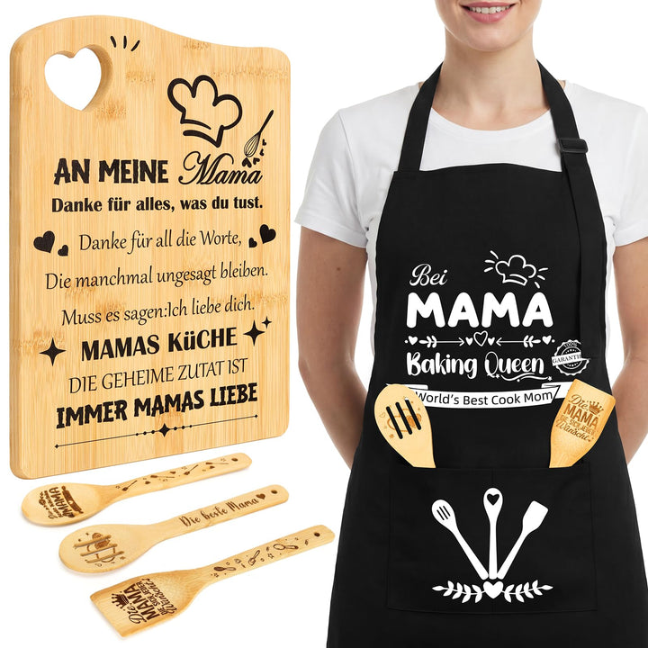 Geschenk für Mama Set, Muttertagsgeschenke Bambus-Holzbrett Personalisierte Schneidebrett mit Schürz