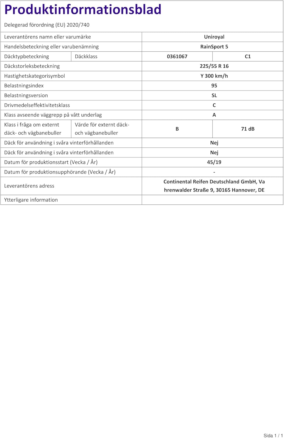 Uniroyal RainSport 5-225/55 R16 95Y - C/A/71 - Sommerreifen (PKW) 225/55R16 95Y, 225/55R16 95Y