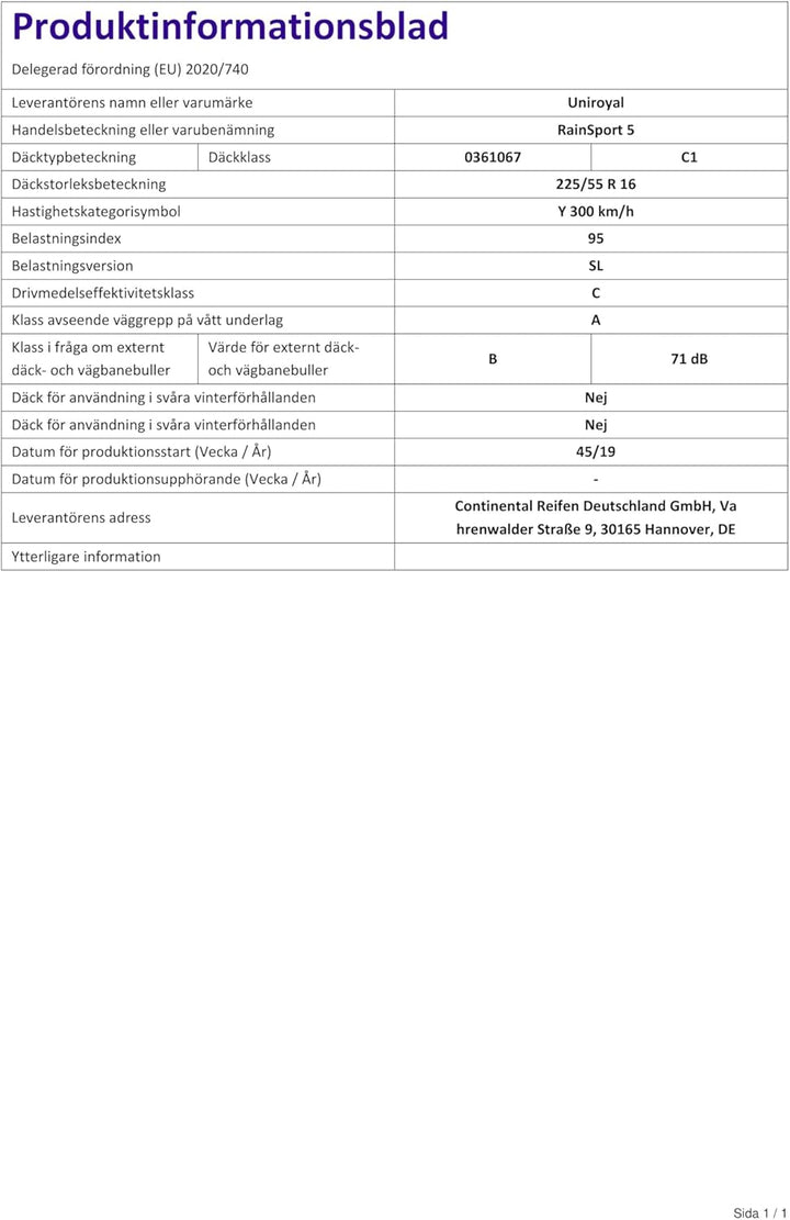 Uniroyal RainSport 5-225/55 R16 95Y - C/A/71 - Sommerreifen (PKW) 225/55R16 95Y, 225/55R16 95Y