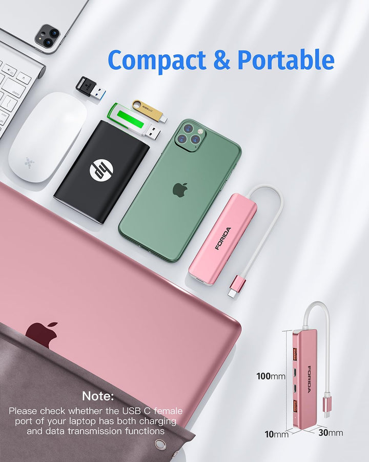 FORIDA USB C Hub, 10 Gbps USB C Splitter für Laptop, 2 Type C 3.1 und 2 USB A 3.2 Datenanschlüsse, 1