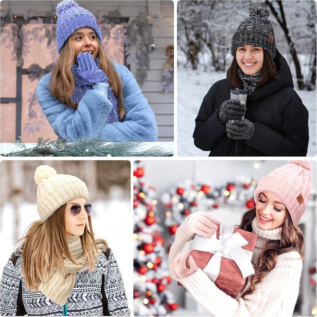 Bequemer Laden Damen Winter Warm Pompom Mütze Touchscreen Handschuhe Lang Schal Set mit Fleece Gefüt